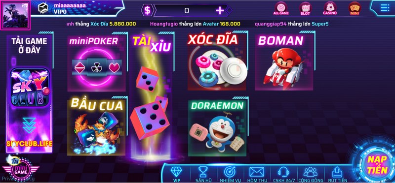 Mini game hấp dẫn tại Sky Club