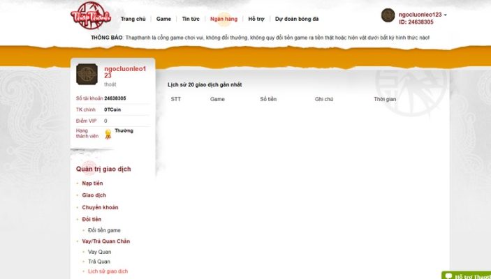 Hướng dẫn cách xem lịch sử cược tại cổng game Thapthanh