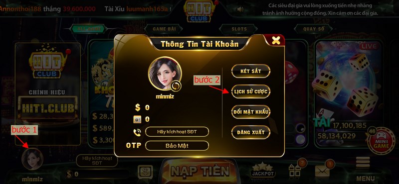 Người chơi có thể xem lại lịch sử cược qua hệ thống thống kê cổng game