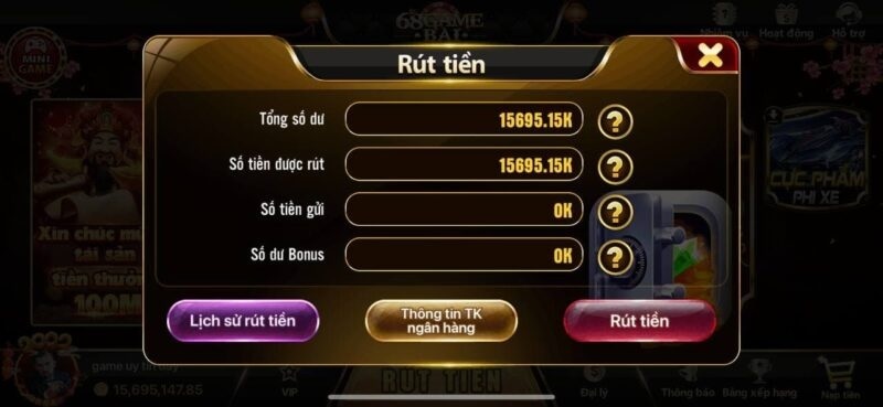 Điền thông tin tài khoản muốn rút tiền 68 Game Bài