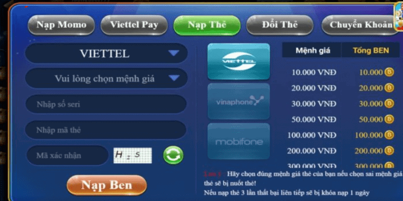 Hướng dẫn nạp tiền tại benvip